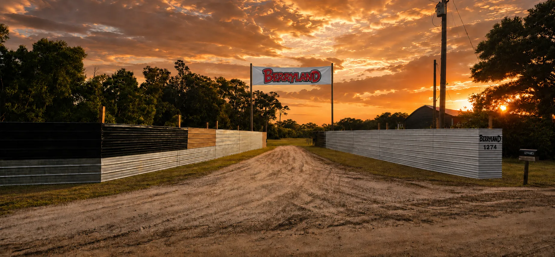 The BERRYLAND banner over the front gate at sunset