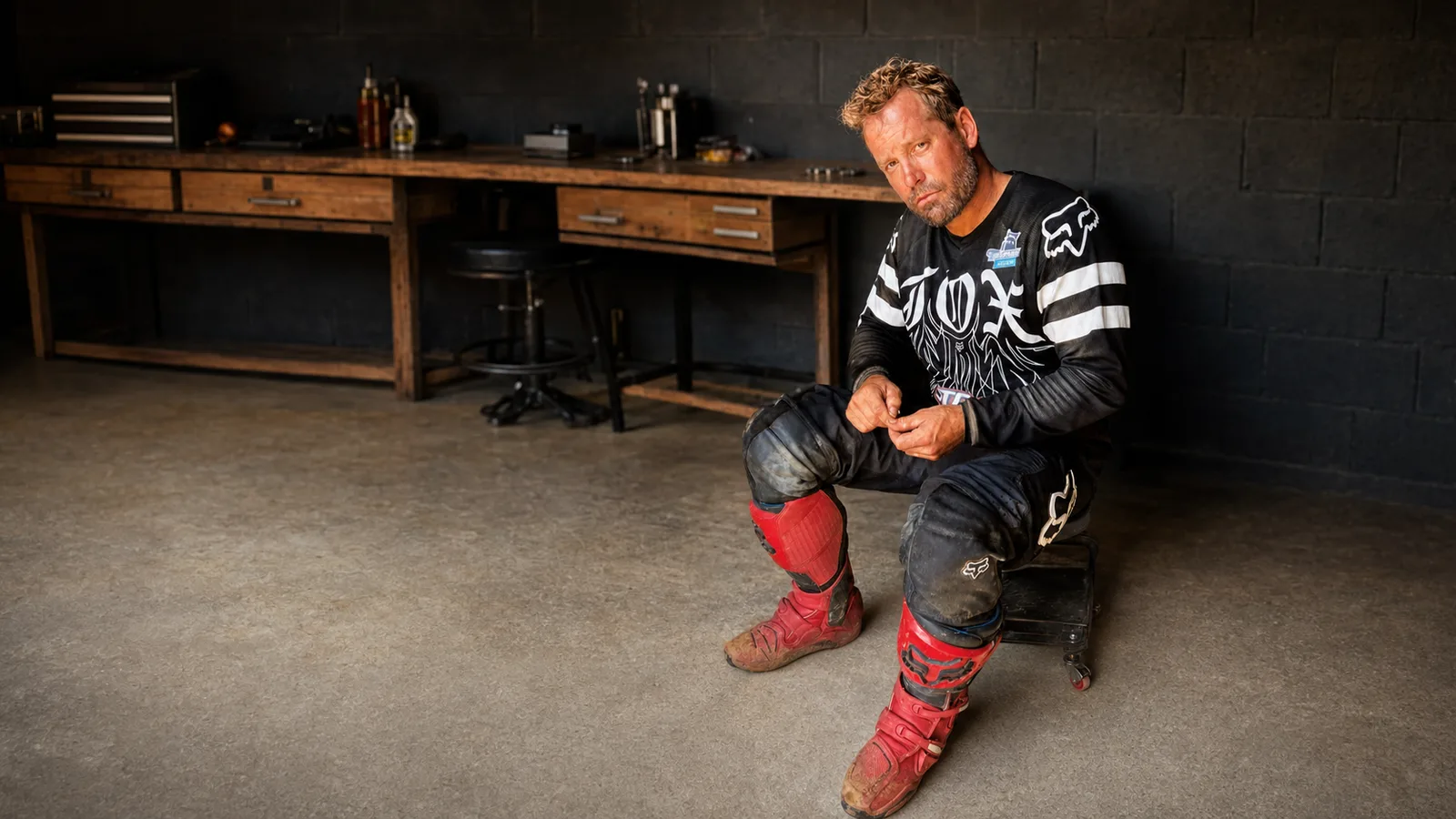 Mike Stevenson seated in his workshop with motocross gear and bikes