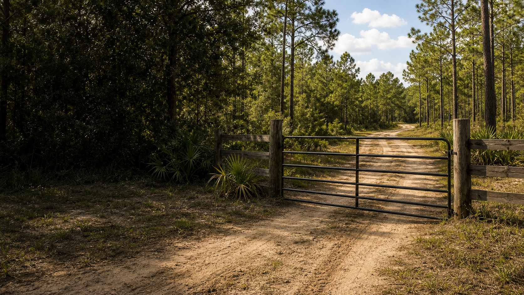A gate with a sandy dirt road leading into the woods